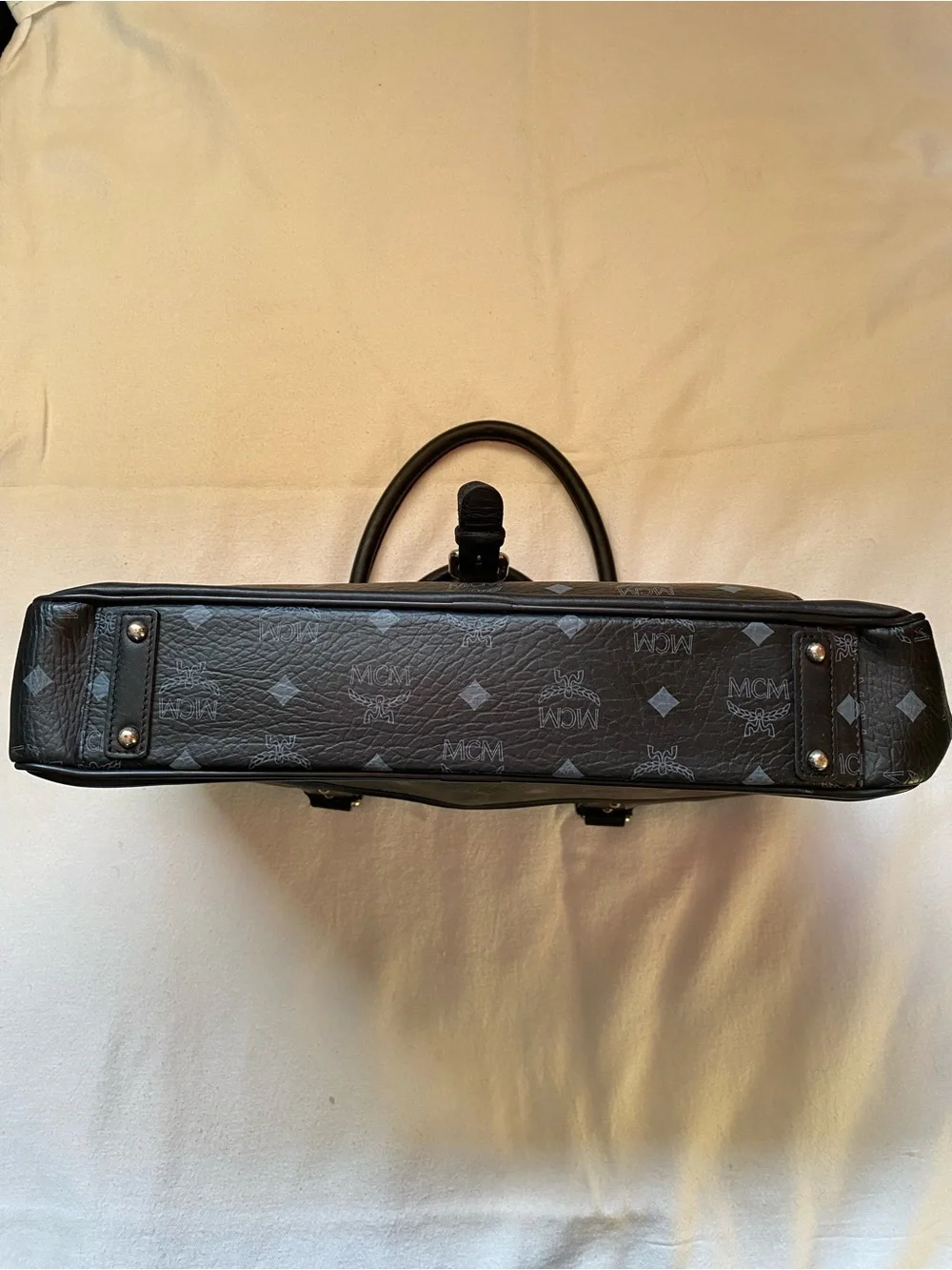 MCM Black Logo-Print Leather Briefcase with Front Flap Pocket